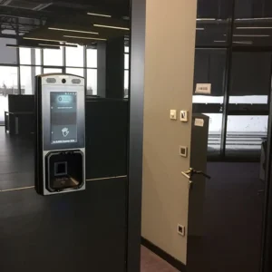 BioAffix Gate Extreme device installed on the office door, which manages access control processes with biometric verification